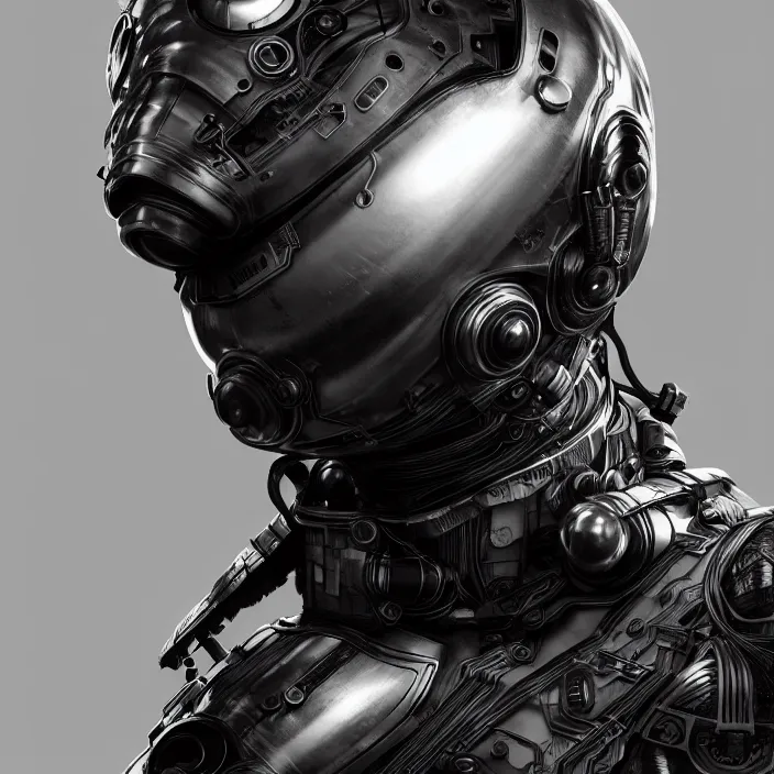 Prompt: a vertical portrait of a character in an spaceship by nihei tsutomu, black and white, dreamy, steampunk bioarmor, highly detailed, 3 d render, vray, octane, realistic lighting