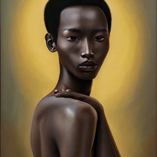 Image similar to A portrait of a skinny trendy and gorgeous non-binary person, dark skin tone, Asian, oil painting, majestic, detailed, high resolution