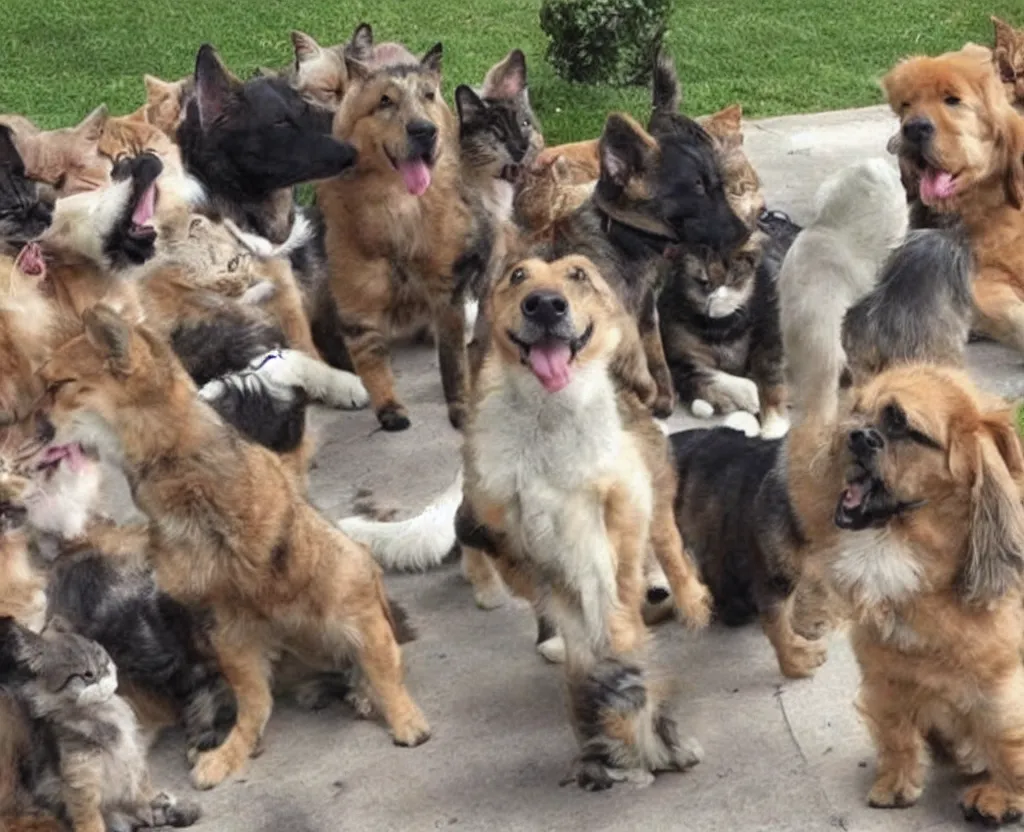 Image similar to cute dog with enormous biceps shouting at a group of cats