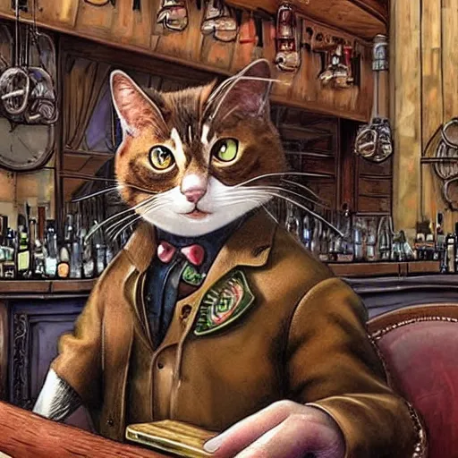 Prompt: - A realistic style, steampunk cat , sitting at a bar, smoking a cigar, enjoying a glass of wine, Michelangelo