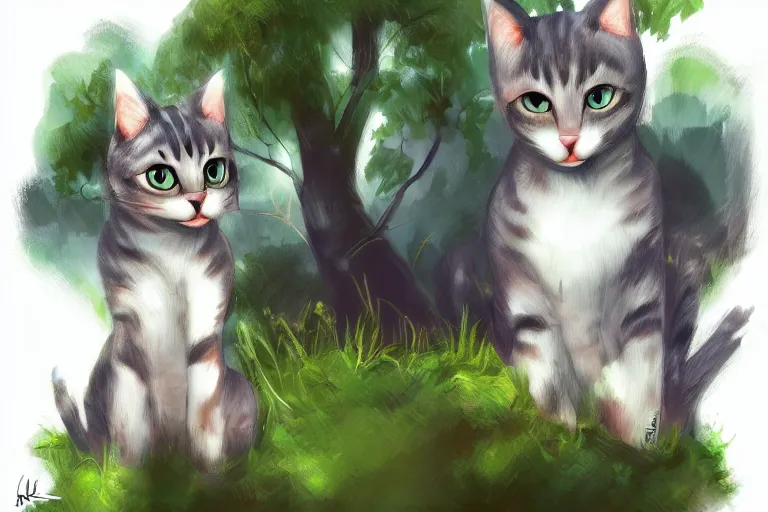 Prompt: cat in the forest, frontlighting, digital art, trending on artstation, fanart, by kawacy