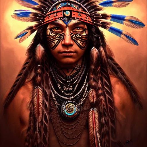 Image similar to : native american shamen fantasy, fantasy magic,, intricate, sharp focus, illustration, highly detailed, digital painting, concept art, matte, jahbu art and paul lewin masterpiece