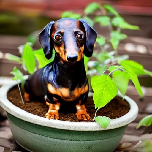 Image similar to Old wood dachshund with leaves, growing in a bonsai pot