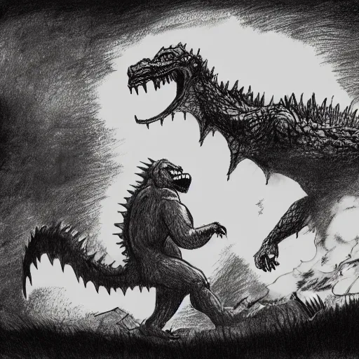 Prompt: A drawing of Godzilla fighting King Kong illustrated in the style of Shell Silverstein