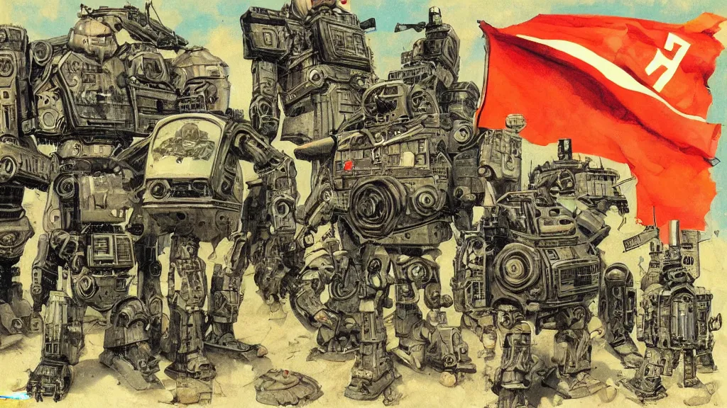 Image similar to Soviet mechs in the style of Norman Rockwell, sci-fi illustrations, highly detailed, award-winning, patriotic, soviet, ussr, dark, gritty, ink