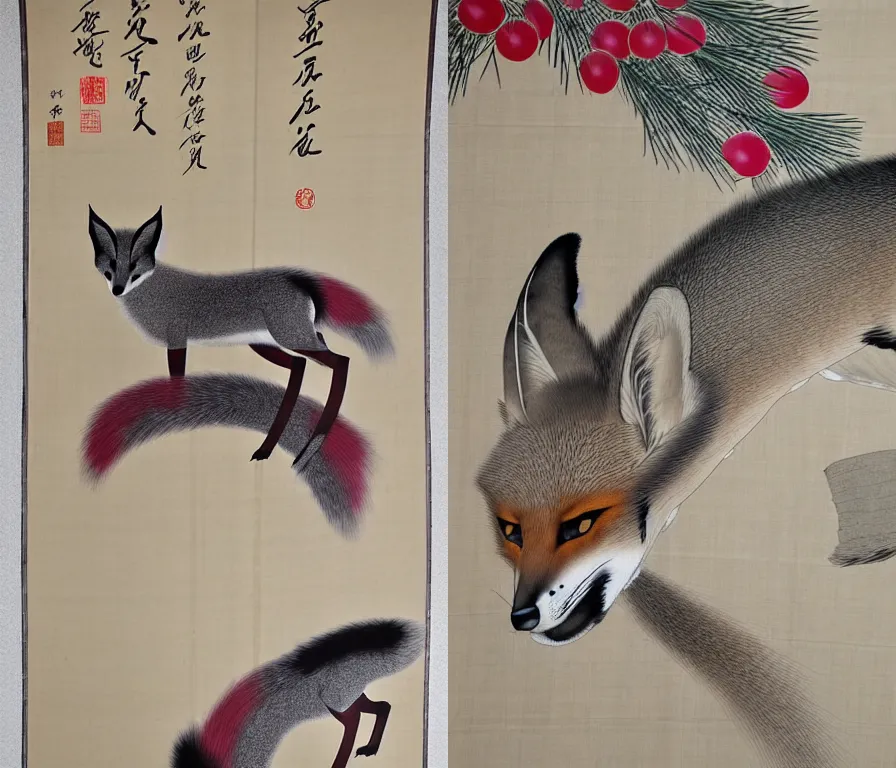 Image similar to pine, plum and grey fox, by Shen Quan, hanging scroll on wall, ink and colour on silk, muted colours, detailed