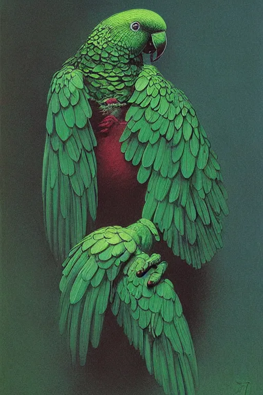 Image similar to beautiful emerald green parrot with red aura and eyes, by zdzisław beksinski, by gustave dore