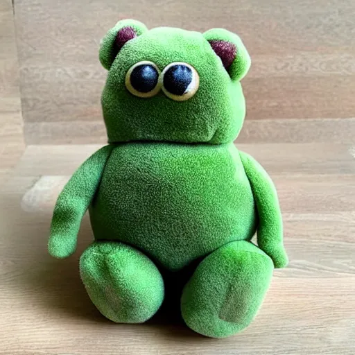 Image similar to plush tardigrade doll with plush broccoli to eat, cute, fluffy, fuzzy, kind, loving, tender