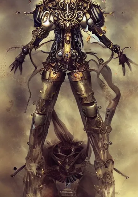 Image similar to steampunk clockwork durga mecha by marek okon designed by alexander mcqueen dress by peter mohrbacher