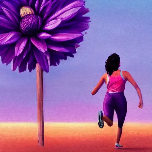 Image similar to portrait, giant purple dahlia flower head, woman running at the beach, surreal photography, sunrise, blue sky, dramatic light, impressionist painting, digital painting, artstation, simon stalenhag