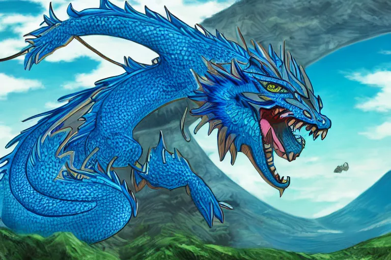 Prompt: Highly detailed drawing of a bright blue dragon roaring on top of a green mountain, flying birds in the background, manga style, 4K , trending on artstation