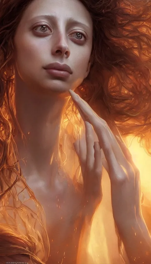 Prompt: epic masterpiece beautiful angela sarafyan, sweaty skin, hyperrealistic, octane render, cinematic, beautiful face and flawless skin, perfect hands, 5 fingers, by edgar maxence and ross tran and michael whelan, legends of runeterra