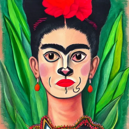 Image similar to a cat, painted in the style of frida kahlo