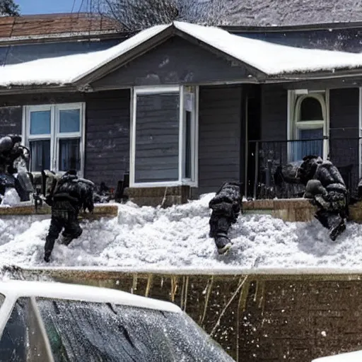 Prompt: Swat Breaching into a house, windows lit up, windows with cocaine pouring out of them,