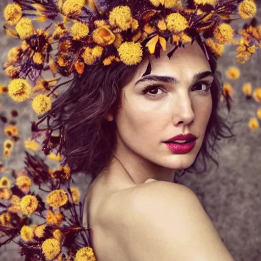 Prompt: full body fine art photo of the beauty gal gadot, she has a crown of dried flowers and she is wearing a fashionist conceptaul dress made of dried roses, taken by oleg oprisco