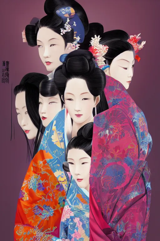 Image similar to a professional painting of 3 gorgeous Japanese Geisha girls, in brightly colored kimonos, long dark hair, beautiful bone structure, symmetrical facial features, intricate, elegant, digital painting, concept art, smooth, sharp focus, illustration, from StarCraft by Ruan Jia and Mandy Jurgens and Artgerm and William-Adolphe Bouguerea, epic, stunning, gorgeous, intricate detail, much wow, 4K, masterpiece, trending on artstation