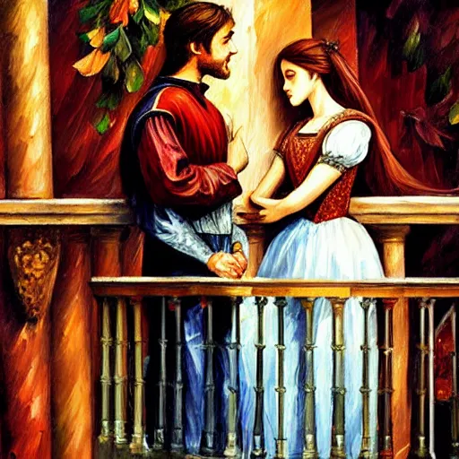Prompt: highly detailed painting of shakespeare's romeo and juliet, balcony scene. intricate, high quality oil painting artstyle, in the style of leonid afremov, deviantart, figurative art, deviantart, ilya kuvshinov, lovecraftian, very detailed face, portrait