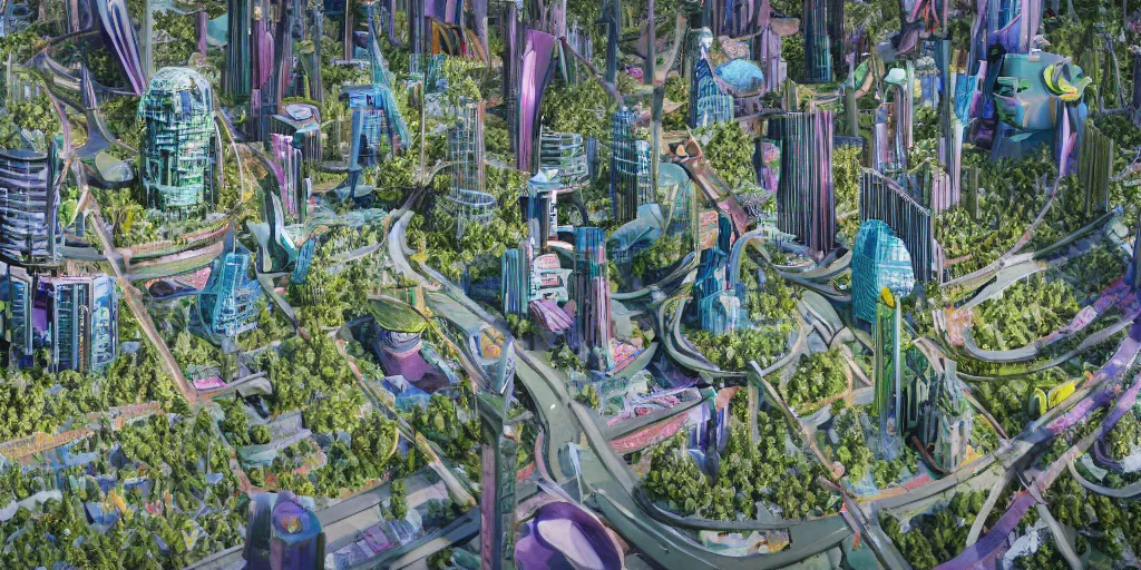 Image similar to Bustling photorealistic!!! utopian city reimagined by Max Hay, fisheye lens!!!, worms-eye view photography, trending on artstation, 4k, 8k, lens distortion, chromatic aberration, soft focus blur, photorealistic imagery, photorealistic details, intricate, highly detailed, artstation 3d, artstation render, artstation 3d render, 3d art, unreal engine 3d, octane 3d, blender 3d, 3d landscape