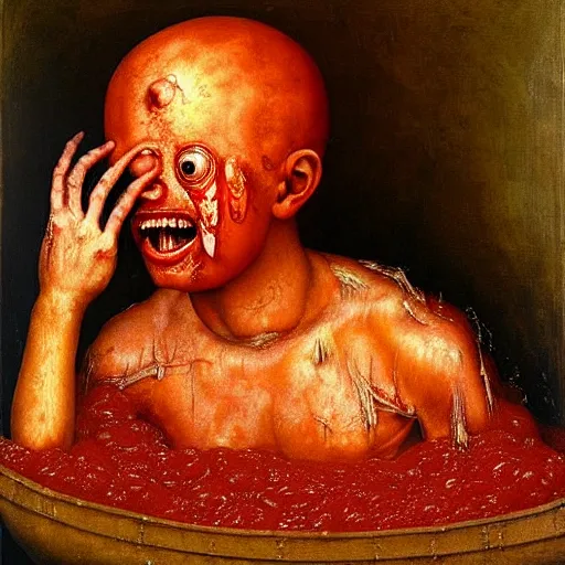 Image similar to a boy sitting in a bathtub full of tomato sauce, looking straight into camera, screaming in pain, by giuseppe arcimboldo and ambrosius benson, renaissance, fruit, intricate and intense oil paint, a touch of beksinski and hr giger, realistic