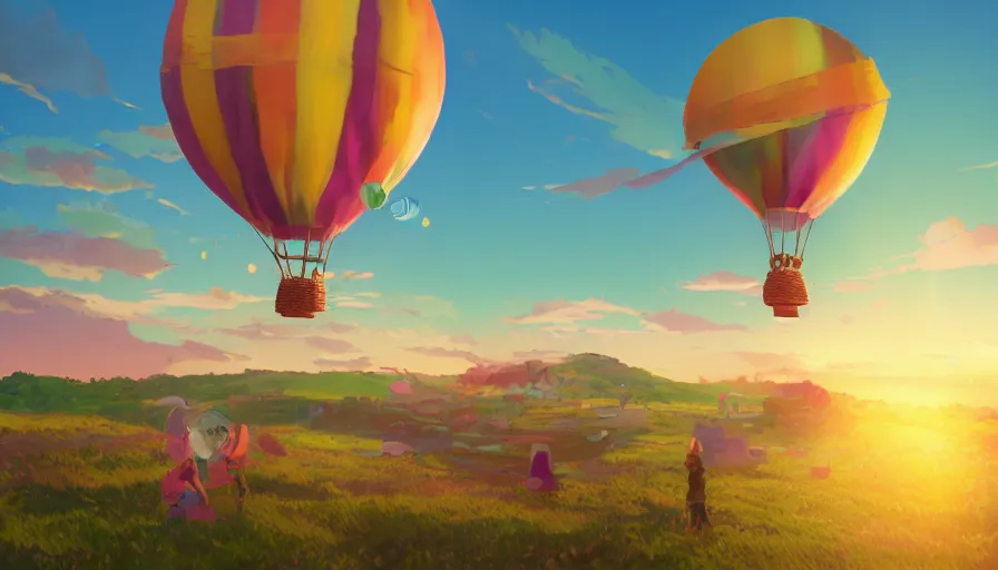 Image similar to a colorful easter egg as hot air balloon, sunset, serene evening atmosphere, soft lens, soft light, cel - shading, animation, in the style of cgsociety, deviantart, artstation, zbrush, cinema 4 d, studio ghibli, akihiko yoshida, atelier lulua, masamune shirow