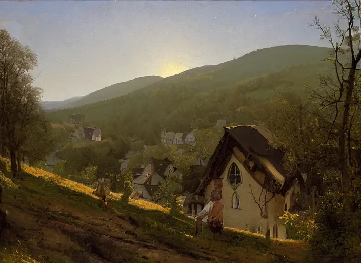 Prompt: from an upstairs window, looking up steep slope, road to church atop hill, playing fields to the right, small stone buildings, carl spitzweg, david curtis, morgan weistling, jim beckner, michael alford, craig mullins, jeremy mann