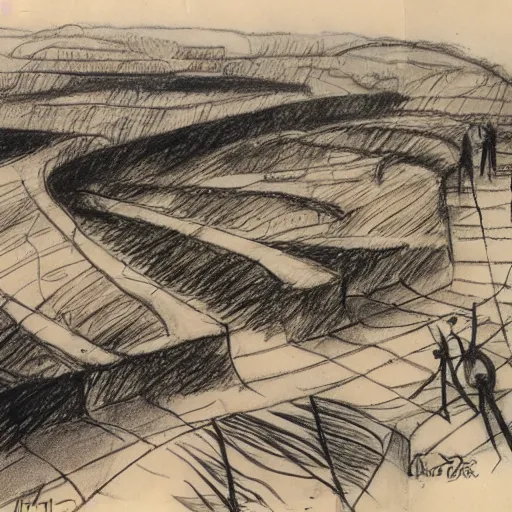 Image similar to milt kahl sketch of world war 1 trenches with the city of miami in the background