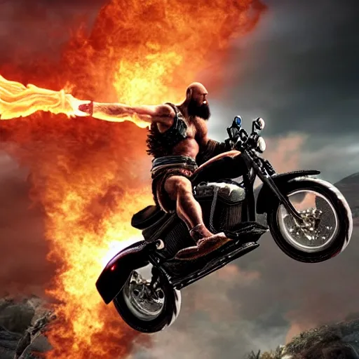 Prompt: kratos jumping a black harley - davidson motorcycle off a cliff, cinematic render, playstation studios official media, god of war 2 0 1 8, flames, centered, red tattoos