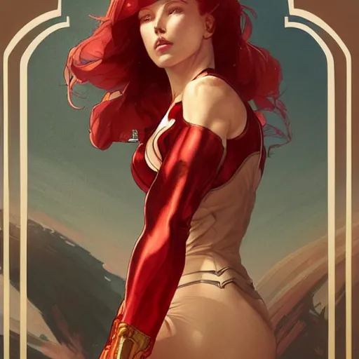 Image similar to a cool red - bun - haired girl. she is dressed as a superhero. clean elegant painting, beautiful detailed face. by artgerm and greg rutkowski and alphonse mucha