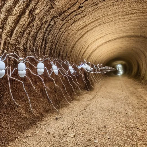 Image similar to cinematic photo of humans wearing realistic ant costumes in an underground dirt tunnel. several tunnel exits lead off in different directions. at the side of the tunnel are very large white pulsating ant larvae.