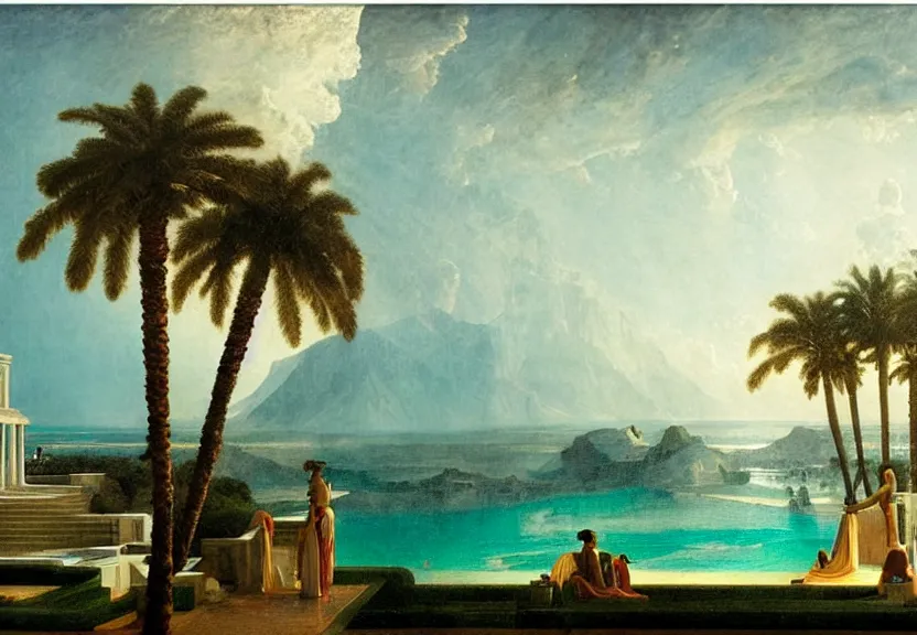 Image similar to Palace floating in the sky, 1km tall, thunderstorm, greek pool, beach and palm trees on the background major arcana sky, by paul delaroche, hyperrealistic 4k uhd, award-winning, very very very detailed