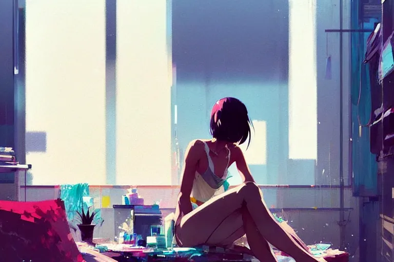 Image similar to a ultradetailed beautiful panting of a stylish woman sitting in a messy apartment, by makoto shinkai, conrad roset and greg rutkowski, trending on artstation