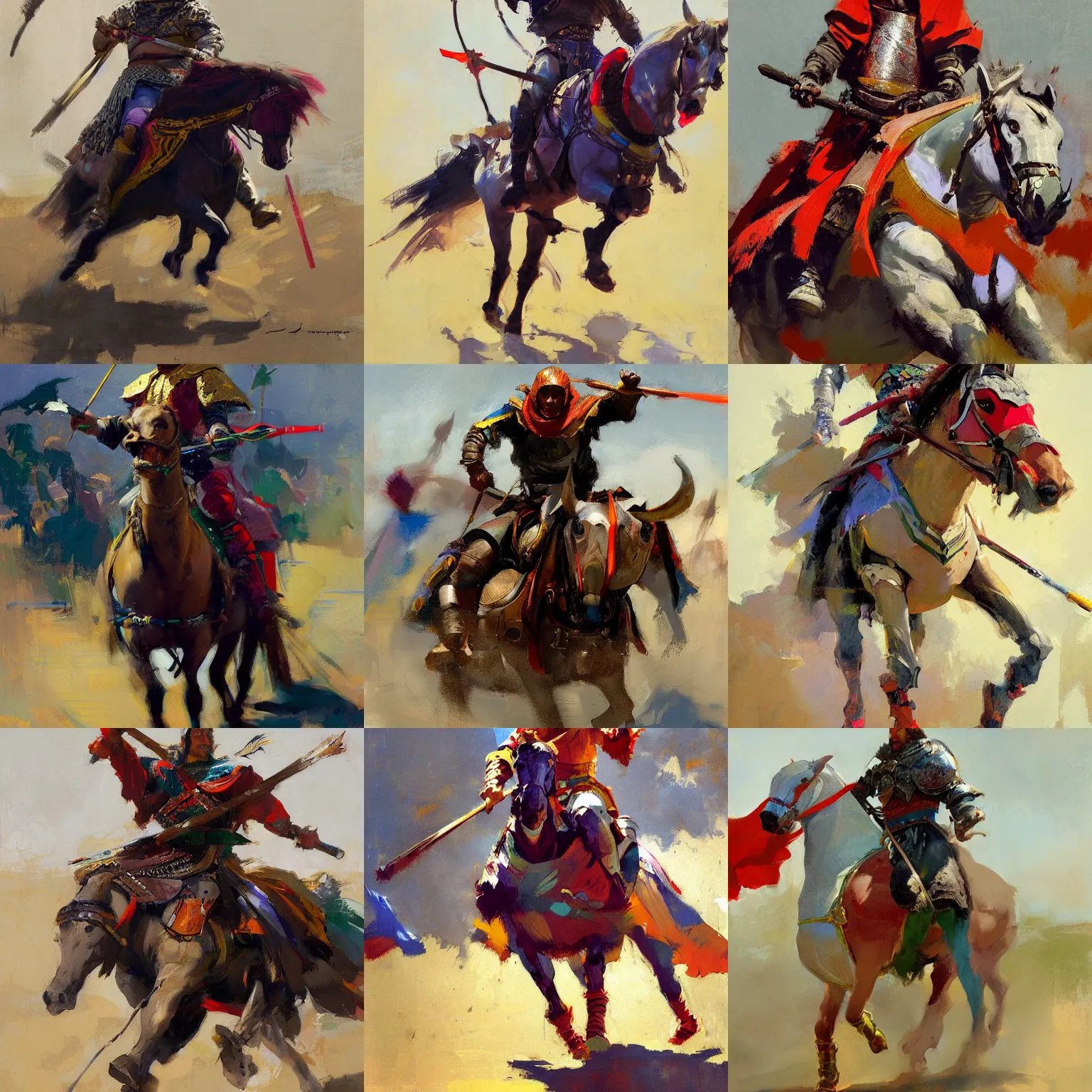 Prompt: portrait of colorful rider with couched jousting lance, caparisons, chainmail, detailed by greg manchess, bernie fuchs, ruan jia, walter everett