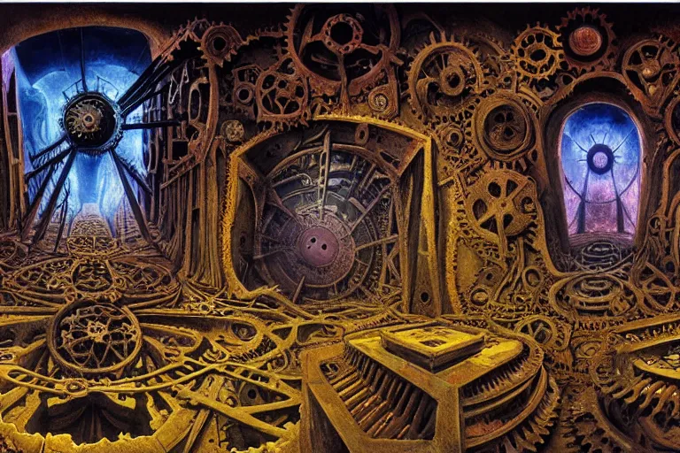 Image similar to the inside of a symmetrical hellish dungeon, mirrors and ancient gears, matte painting, 4 k, epic composition, volumetric light, abstract illusionism, by william stout, roberto da matta, pour paint