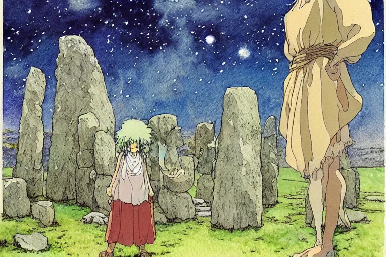 Image similar to hyperrealist studio ghibli watercolor fantasy concept art of a 1 0 0 ft. giant holding a stone. stonehenge is in the bathroom. it is a misty starry night. by rebecca guay, michael kaluta, charles vess