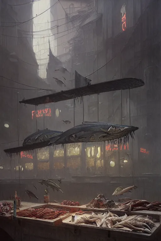Image similar to fish market by greg rutkowski, giger, maxim verehin, zdzisław beksinski
