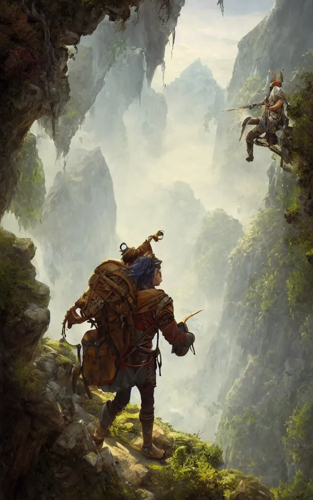 Image similar to an oil art painting of young handsome fool adventurer with adventurer hiking backpack, grim gwent card, gipsy mage adventurer character design from inquisition, climbing up a cliffside, 4 k, ultra detail, volumetric lighting, unreal engine, octane render, by tom bagshaw, artgerm
