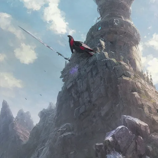 Prompt: raven carrying a key above a fortress by makoto shinkai and ruan jia
