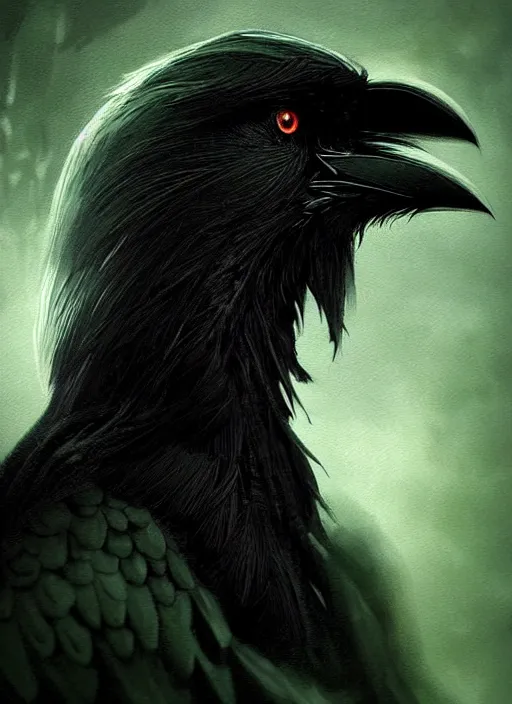 Prompt: side portrait dark crow (animal), close-up, fantasy forest landscape, moonshine, fantasy magic, nice black feather, proud, green dark light night, intricate, elegant, sharp focus, illustration, highly detailed, digital painting, concept art, matte, art by WLOP and Artgerm and Greg Rutkowski and Eddie Mendoza, masterpiece