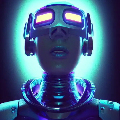 Image similar to cyberpunk concept cool girl cyborg bot, cinema 4 d, galaxy, ufo, space sci - fi, wearing vr goggles, illustration, portrait, pastel neon textured background night, trending on artstation, greg rutkowski, octane rendered, 1 2 k, detailed,