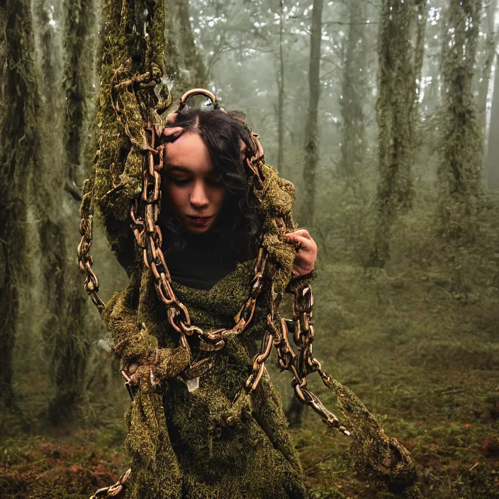 Image similar to a closeup of a woman wrapped in chains, dragging a pile of chains, in a foggy mossy forest, by Omar Z. Robles, CANON Eos C300, ƒ1.8, 35mm, 8K, medium-format print