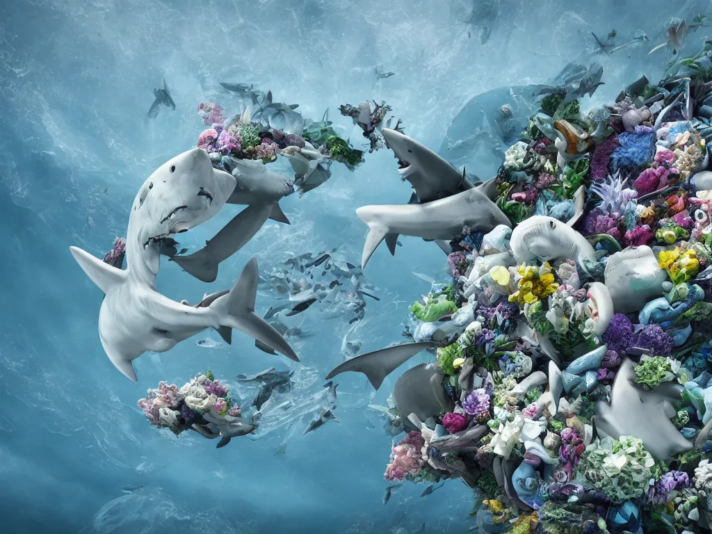 Image similar to a sculpture of ocean shark intertwined, a lovely cornucopia of flowers and human body parts, elegantly, highly detailed, octane render, cinematic, shock, sharp focus