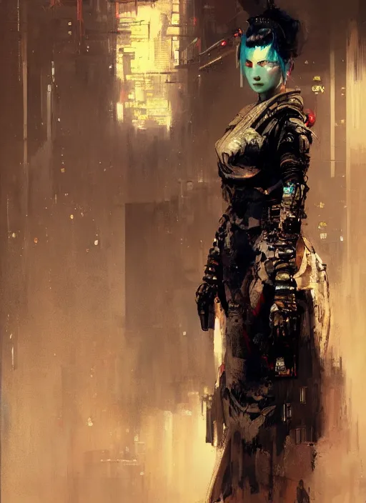 Image similar to cyberpunk geisha, rule of thirds, intricate outfit, spotlight, by greg rutkowski, by jeremy mann, digital painting