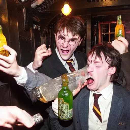 Image similar to harry potter breaks a bottle over someones head in the local pub