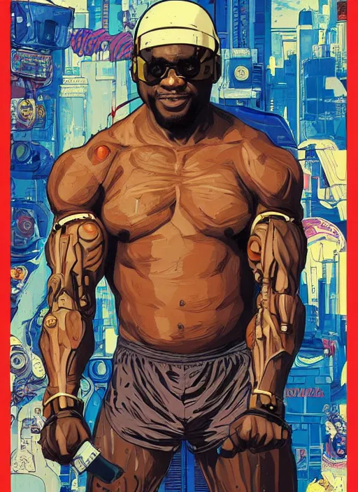 Image similar to chidi igwe. buff cyberpunk weight lifter. robotic arm. portrait illustration, pop art, splash painting, art by geof darrow, ashley wood, alphonse mucha, makoto shinkai ( apex legends )