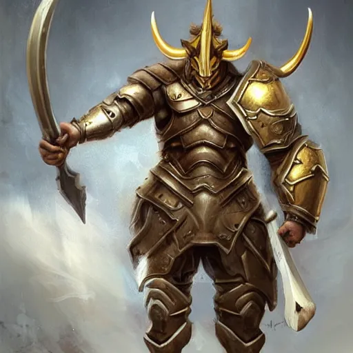 Image similar to Giant minotaur humanoid beast warrior with two handed axe, horned helmet, concept art, heavy white and golden armor, giant horns, portrait, dungeons and dragons, hyperrealism, high details, digital painting, dark fantasy