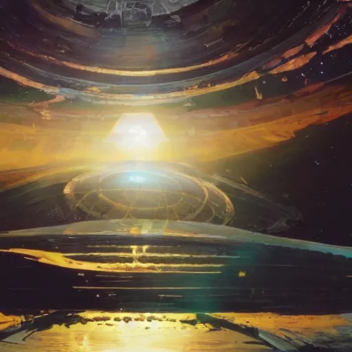 Image similar to dyson sphere in space, radiant core shining through, horizontal sun rays, intricate abstract, symmetry, unreal engine tech demo, golden hour, scifi, ( ( ( by robert mccall ) ) ) ( studio ghibli )