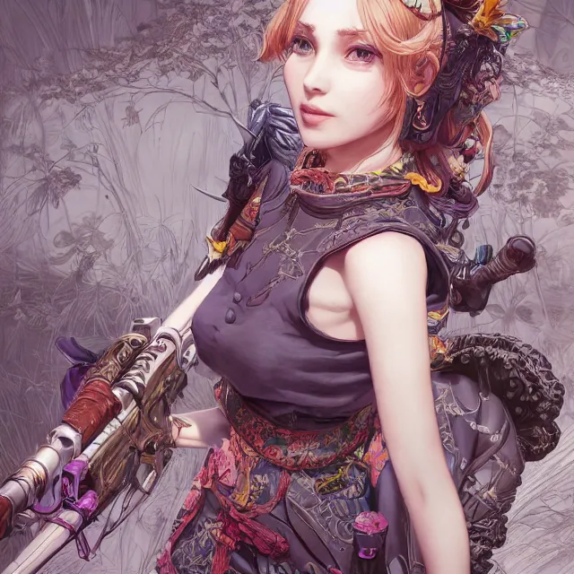 Image similar to the portrait of lawful neutral semi - colorful female hunter socialite as absurdly beautiful, gorgeous, elegant, young gravure idol, an ultrafine hyperdetailed illustration by kim jung gi, irakli nadar, intricate linework, bright colors, octopath traveler, final fantasy, unreal engine 5 highly rendered, global illumination, radiant light, detailed and intricate environment