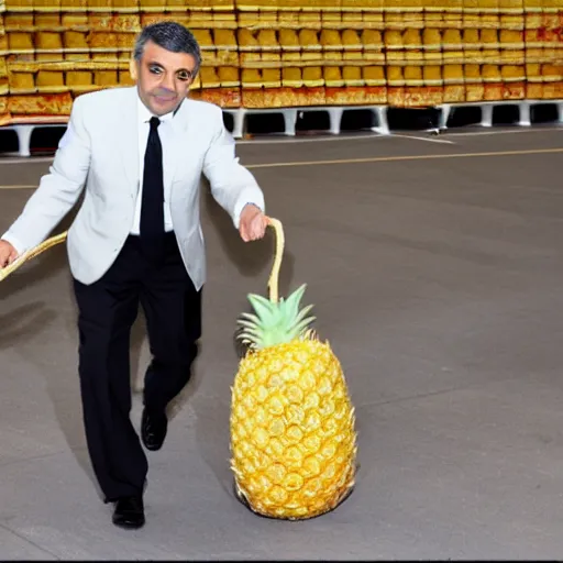 Prompt: rowan atkinson stealing a pineapple from target, realistic photo, uhd