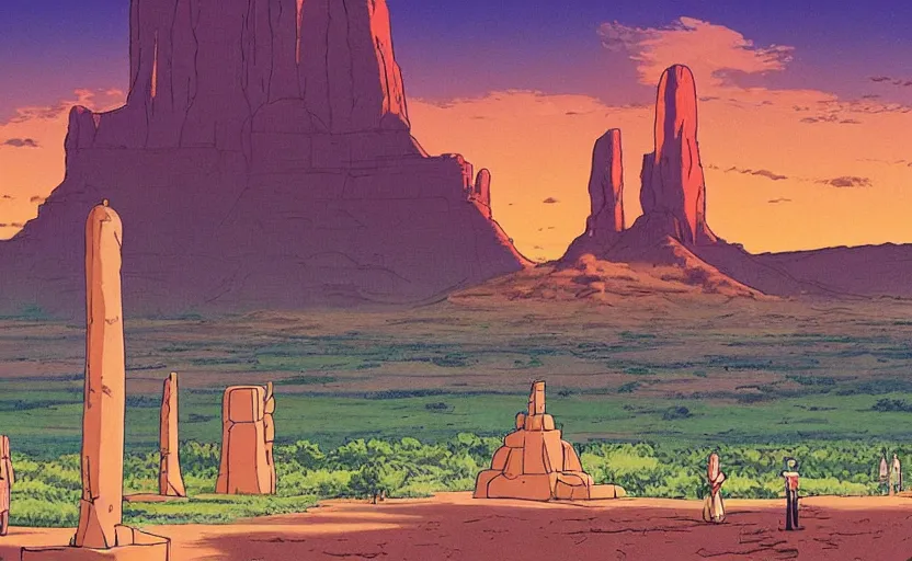 Image similar to a cell - shaded studio ghibli concept art from paprika ( 2 0 0 6 ) of a multi - colored spaceship from close encounters of the third kind ( 1 9 7 7 ) in a lush temple that looks like monument valley stonehenge jungle. a caravan is in the foreground. very dull colors, portal, hd, 4 k, hq