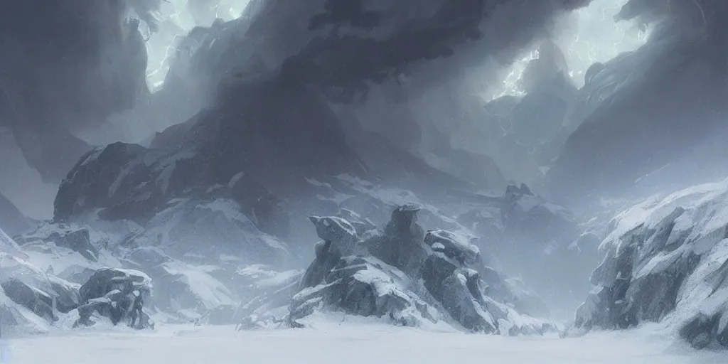 Prompt: A violent winter storm over the mountains, fork lightning, magical, foreboding and epic, digital art by Greg Rutkowski and Studio Ghibli